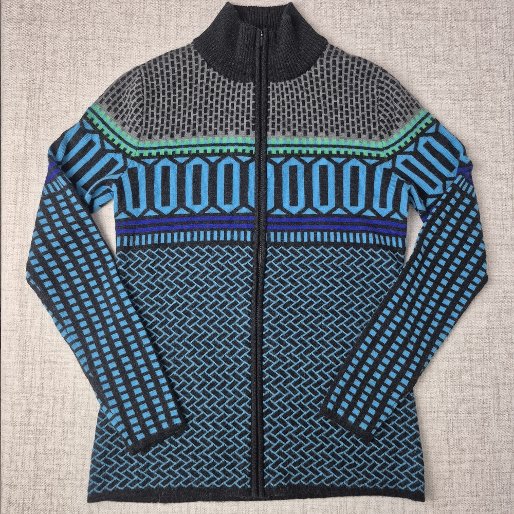 Krimson Klover 100% Merino Wool Full Zip Sweater Nordic Geometric Blue M - Picture 8 of 12
